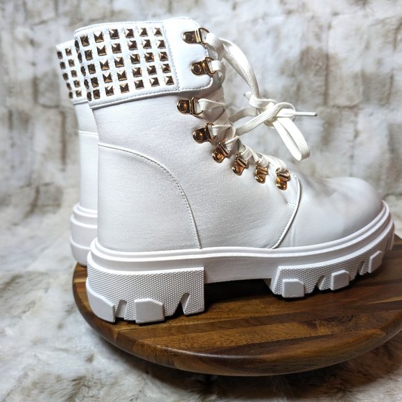Mata Shoes Shoes - * Mata Shoes White Vegan Leather Studded Detail Fashion Combat Ankle Boots